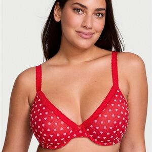 Victoria’s Secret Tease Unlined Demi Bra Sheer Red Heart Print 38D New with Tags